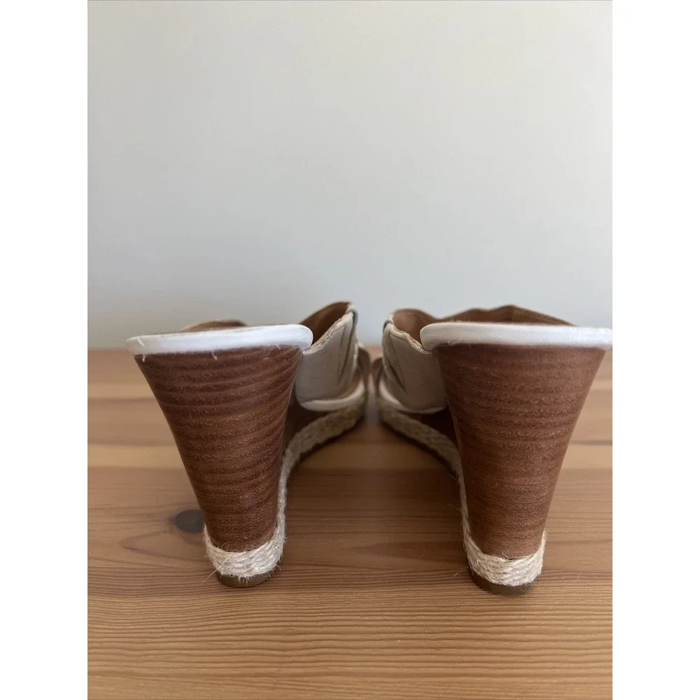 Jack Rogers Leather Slide Wedge Heel Sandals Shoes Women's 7.5 Tan White Cute